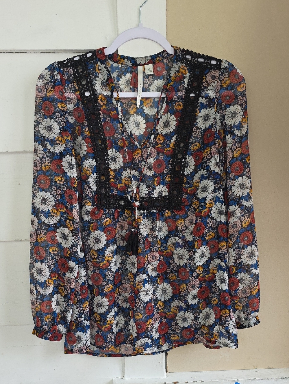 LC Lauren Conrad Floral Sheer Blouse in Black, White, Blue, Red